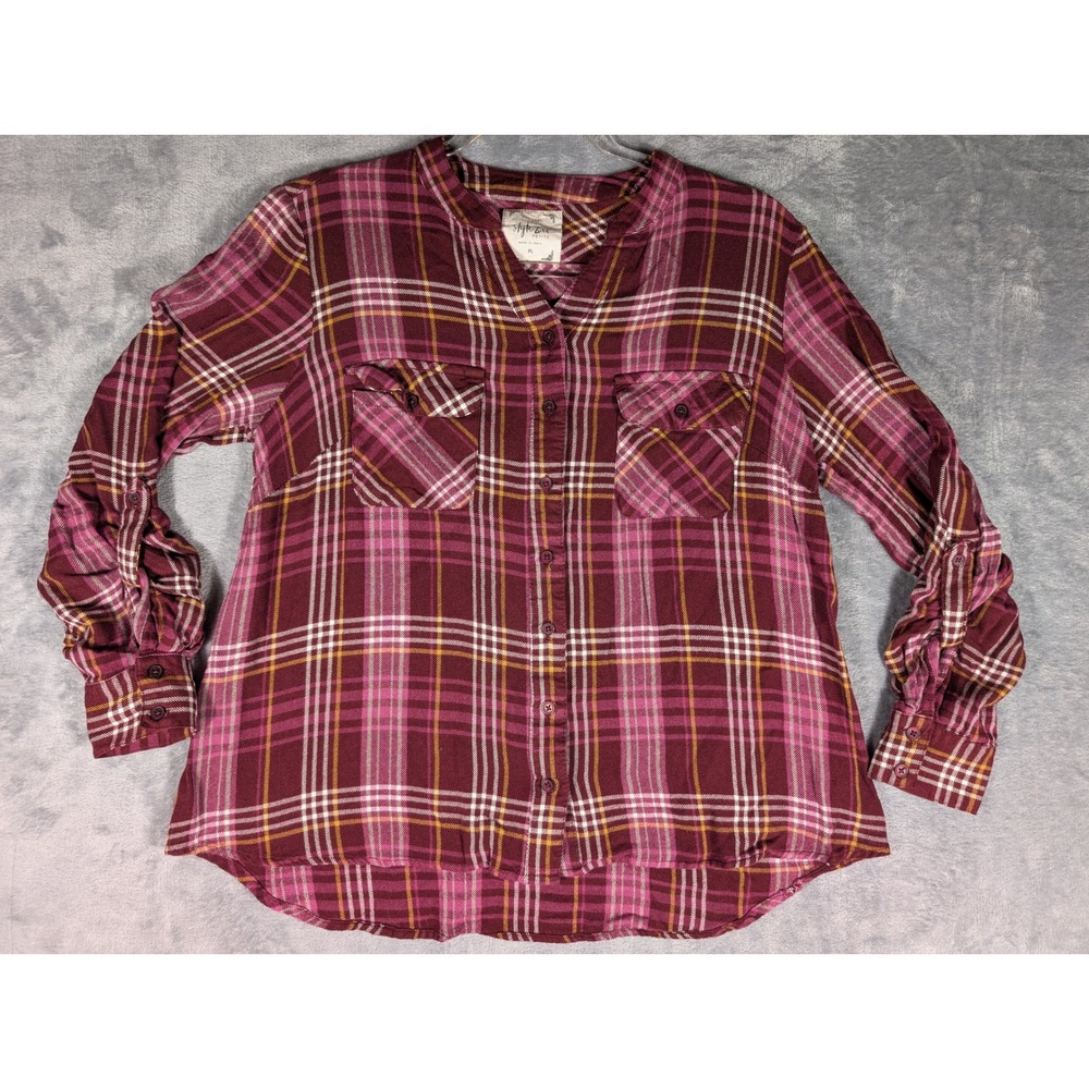 Style & Co Petite Large Burgundy Plaid Roll Tab Long Sleeve Rayon Button Up